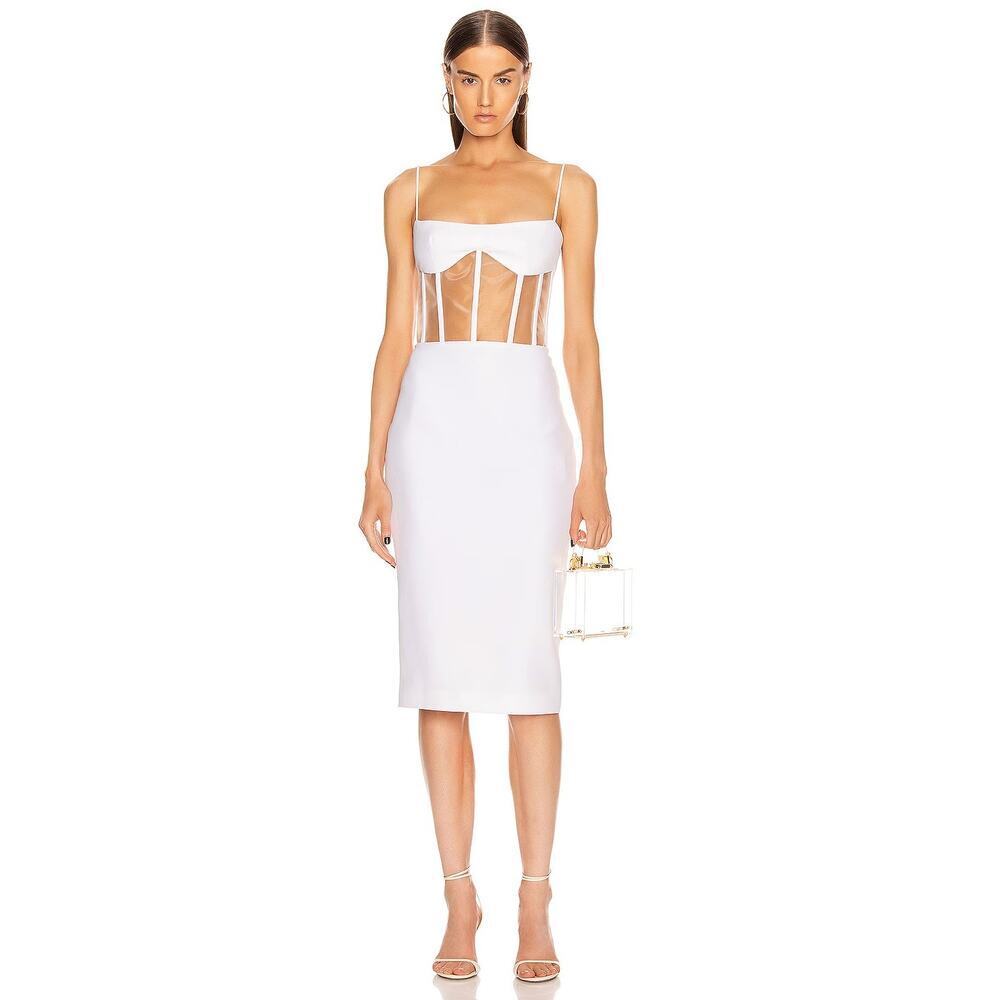 Rasario Crepe Mesh Boned Bodice Corset Midi Dress Formal Statement White Size 10